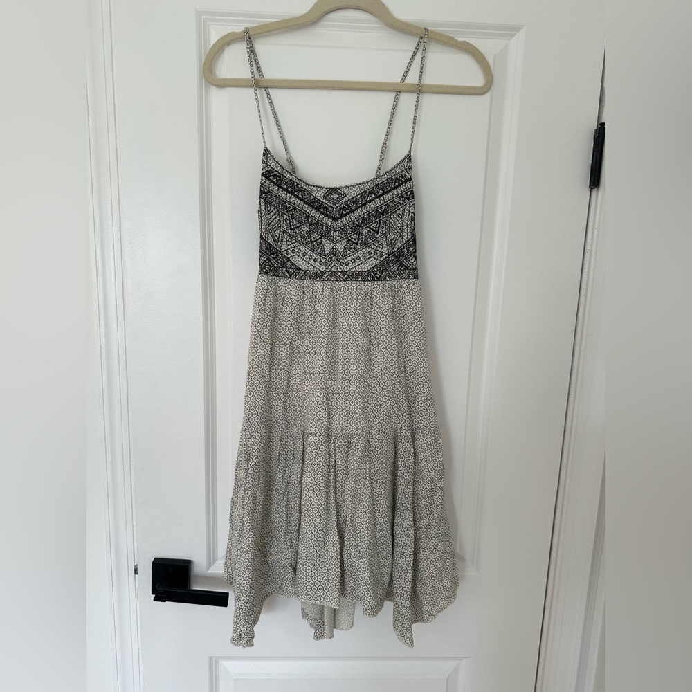 American Eagle Black and White Embroidered Patterned Smocked Cross back Dress